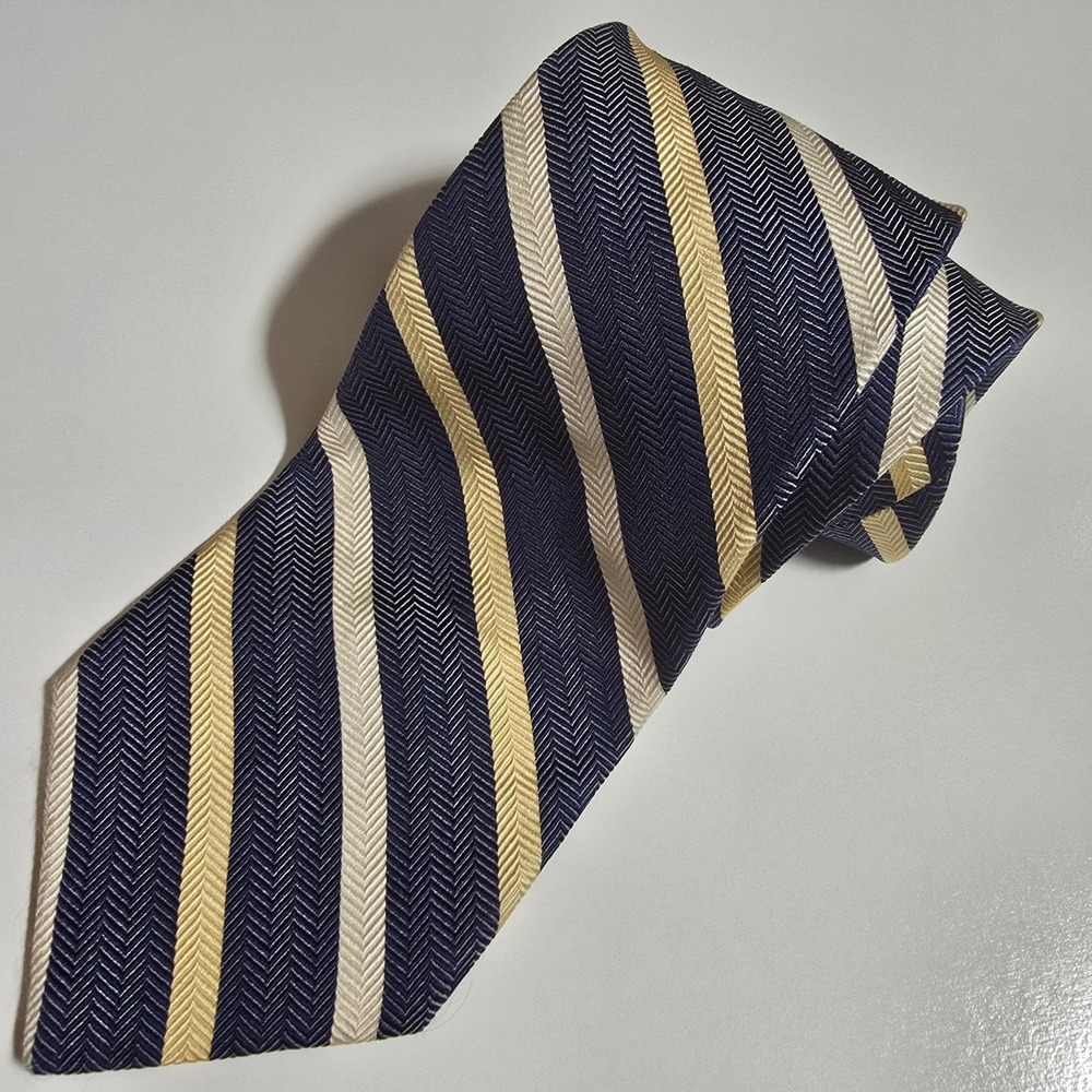BREUER Men's Woven Silk Neck Tie 60x3.675" Gold Navy White‎ Made France Handmade - Picture 2 of 6